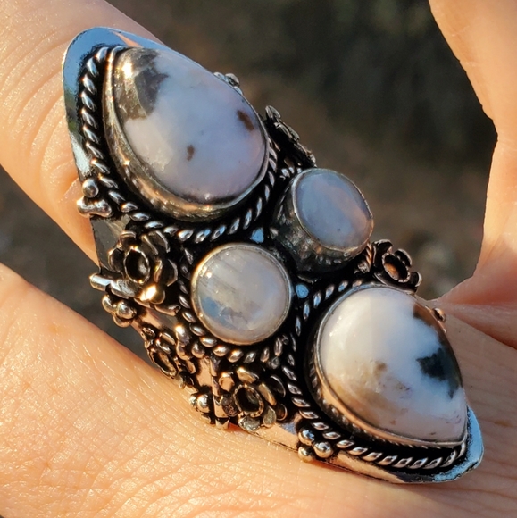 New Zebra Jasper and Rainbow Moonstone 925 Silver Statement Ring. - Picture 8 of 16